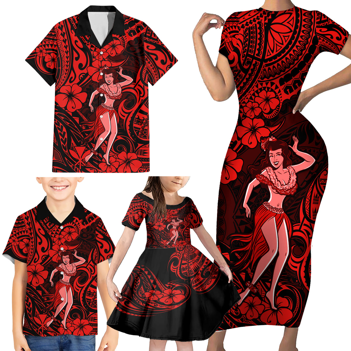Hawaii Hula Girl Family Matching Short Sleeve Bodycon Dress and Hawaiian Shirt Hibiscus Hawaii Tribal Tattoo Red Version - Wonder Print Shop