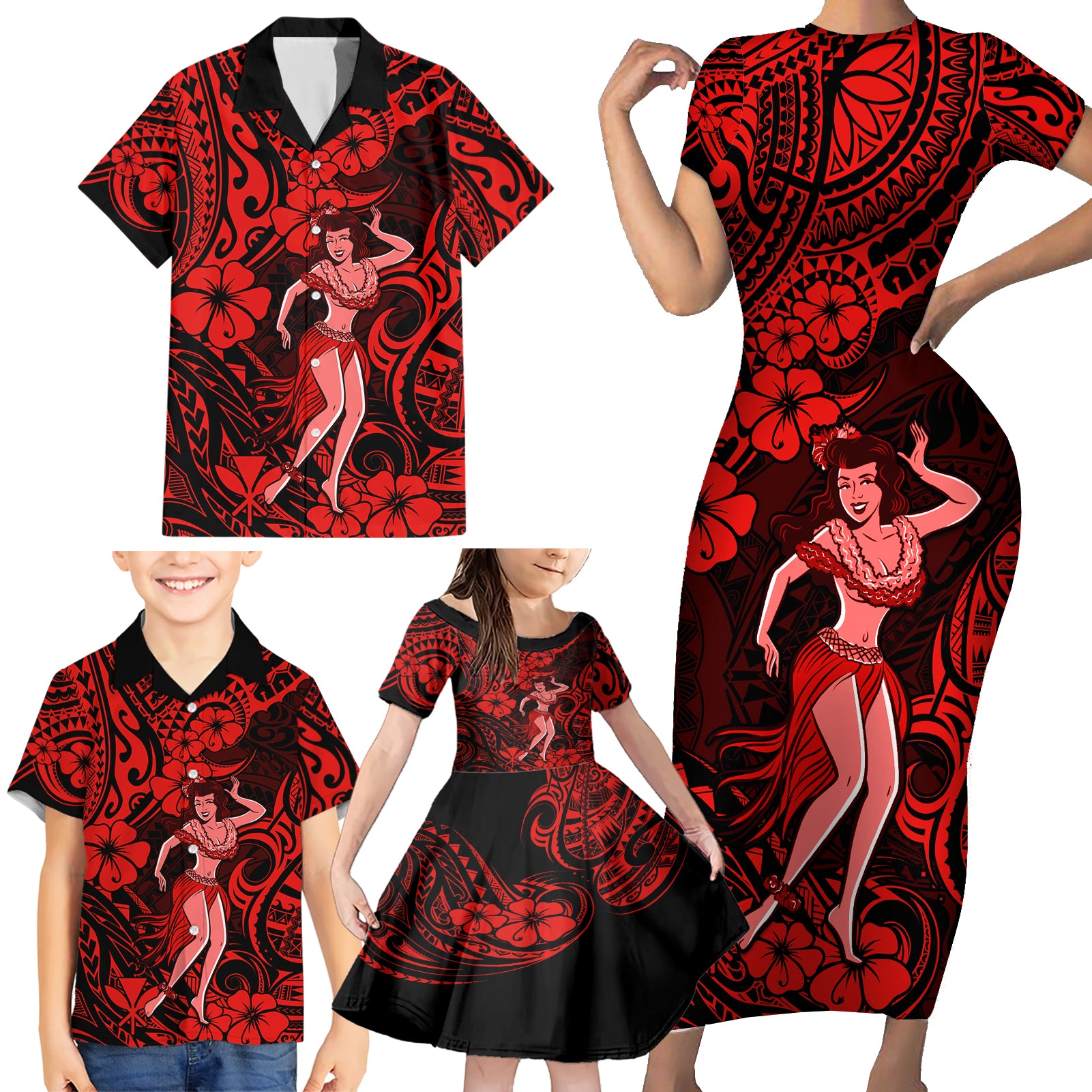 Hawaii Hula Girl Family Matching Short Sleeve Bodycon Dress and Hawaiian Shirt Hibiscus Hawaii Tribal Tattoo Red Version - Wonder Print Shop