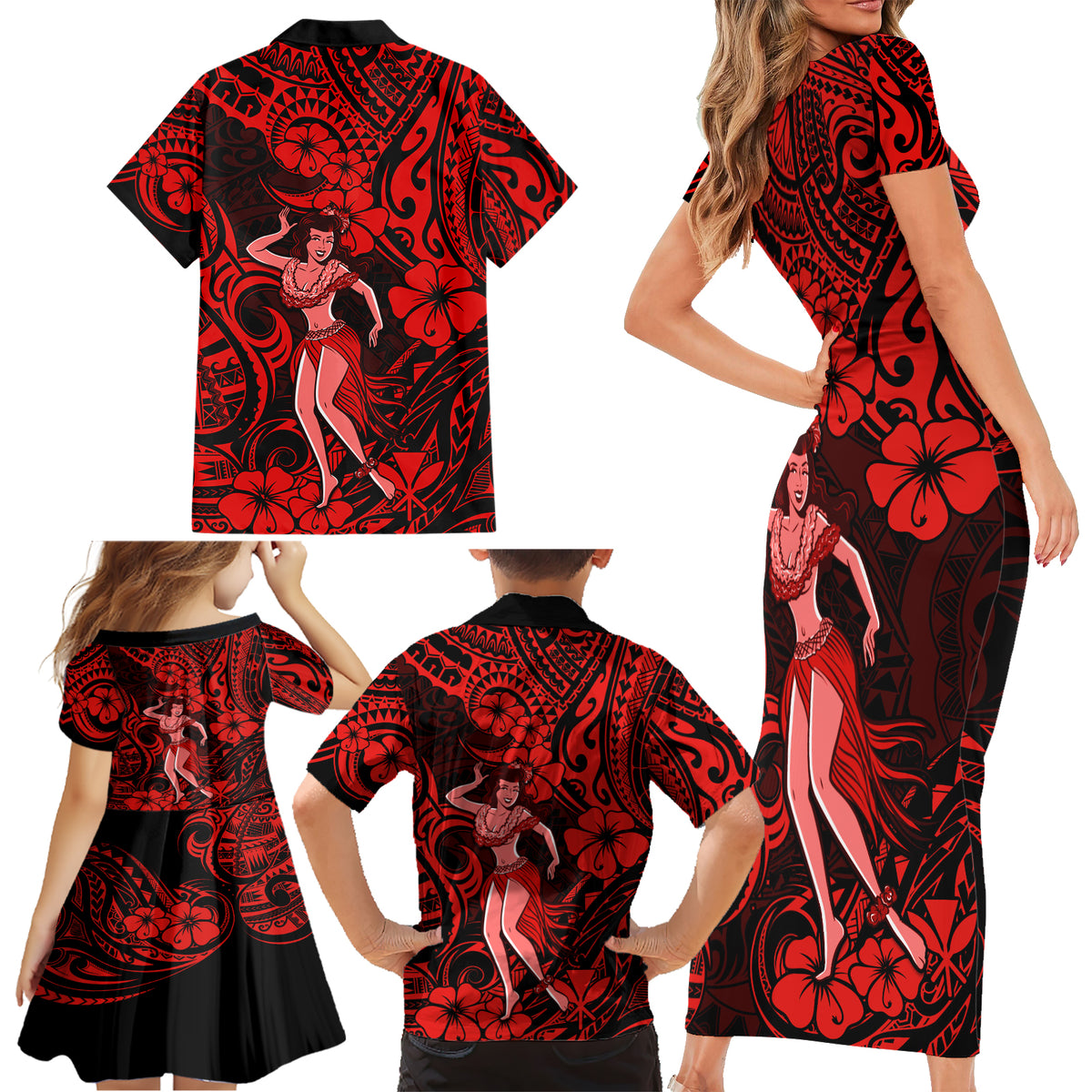 Hawaii Hula Girl Family Matching Short Sleeve Bodycon Dress and Hawaiian Shirt Hibiscus Hawaii Tribal Tattoo Red Version - Wonder Print Shop