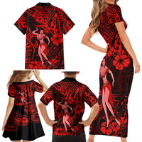 Hawaii Hula Girl Family Matching Short Sleeve Bodycon Dress and Hawaiian Shirt Hibiscus Hawaii Tribal Tattoo Red Version - Wonder Print Shop
