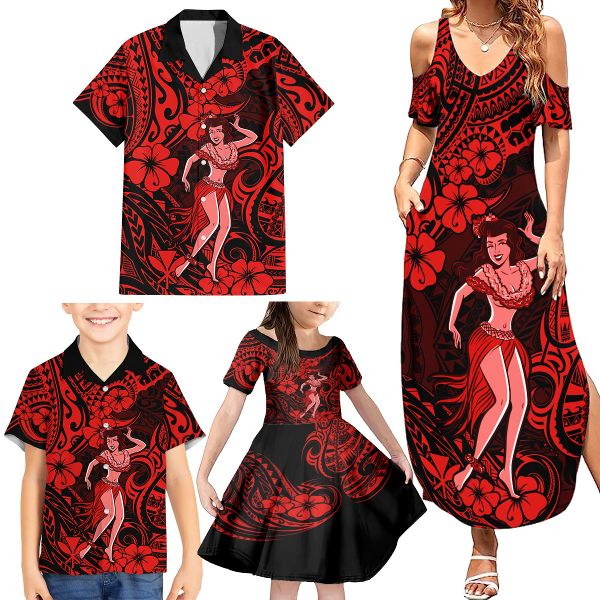 Hawaii Hula Girl Family Matching Summer Maxi Dress and Hawaiian Shirt Hibiscus Hawaii Tribal Tattoo Red Version - Wonder Print Shop