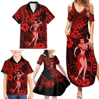 Hawaii Hula Girl Family Matching Summer Maxi Dress and Hawaiian Shirt Hibiscus Hawaii Tribal Tattoo Red Version - Wonder Print Shop