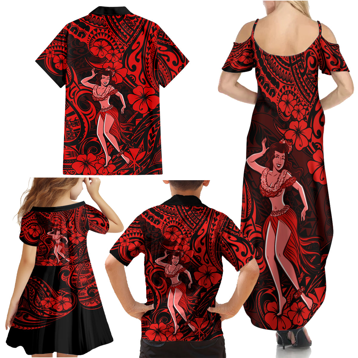 Hawaii Hula Girl Family Matching Summer Maxi Dress and Hawaiian Shirt Hibiscus Hawaii Tribal Tattoo Red Version - Wonder Print Shop