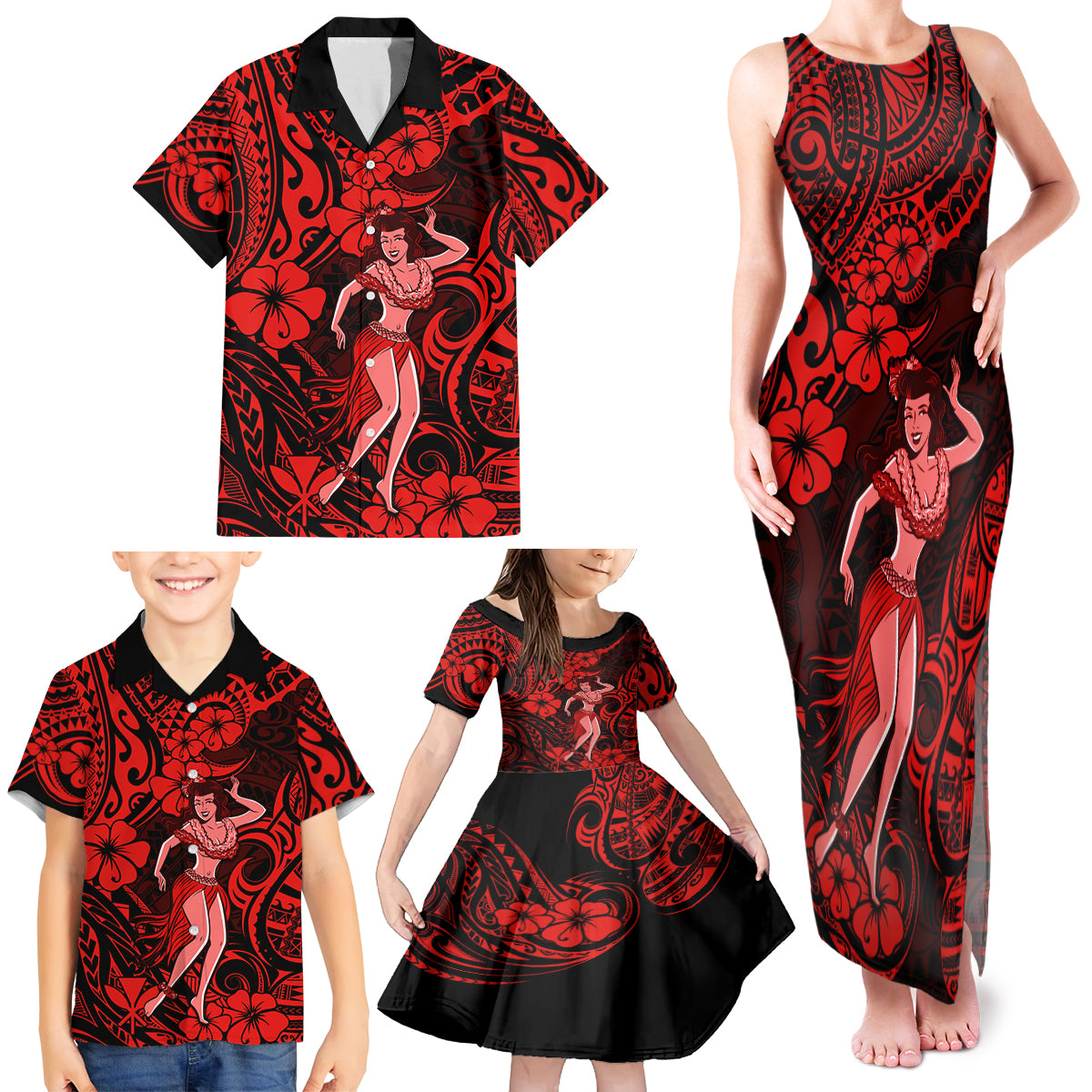 Hawaii Hula Girl Family Matching Tank Maxi Dress and Hawaiian Shirt Hibiscus Hawaii Tribal Tattoo Red Version - Wonder Print Shop