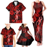 Hawaii Hula Girl Family Matching Tank Maxi Dress and Hawaiian Shirt Hibiscus Hawaii Tribal Tattoo Red Version - Wonder Print Shop
