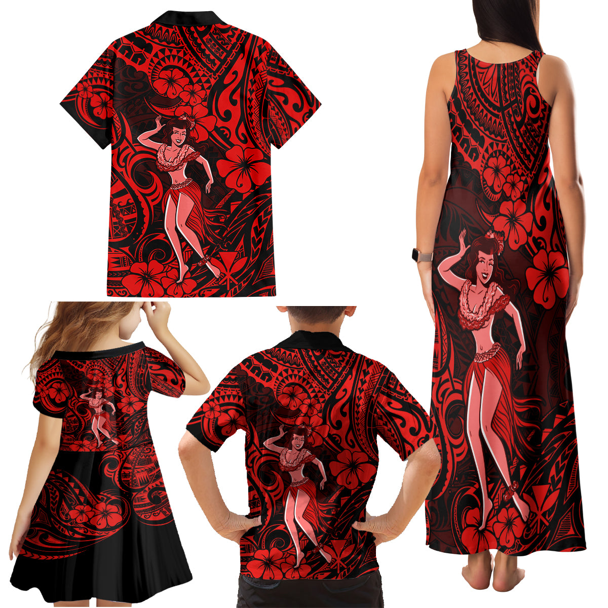 Hawaii Hula Girl Family Matching Tank Maxi Dress and Hawaiian Shirt Hibiscus Hawaii Tribal Tattoo Red Version - Wonder Print Shop