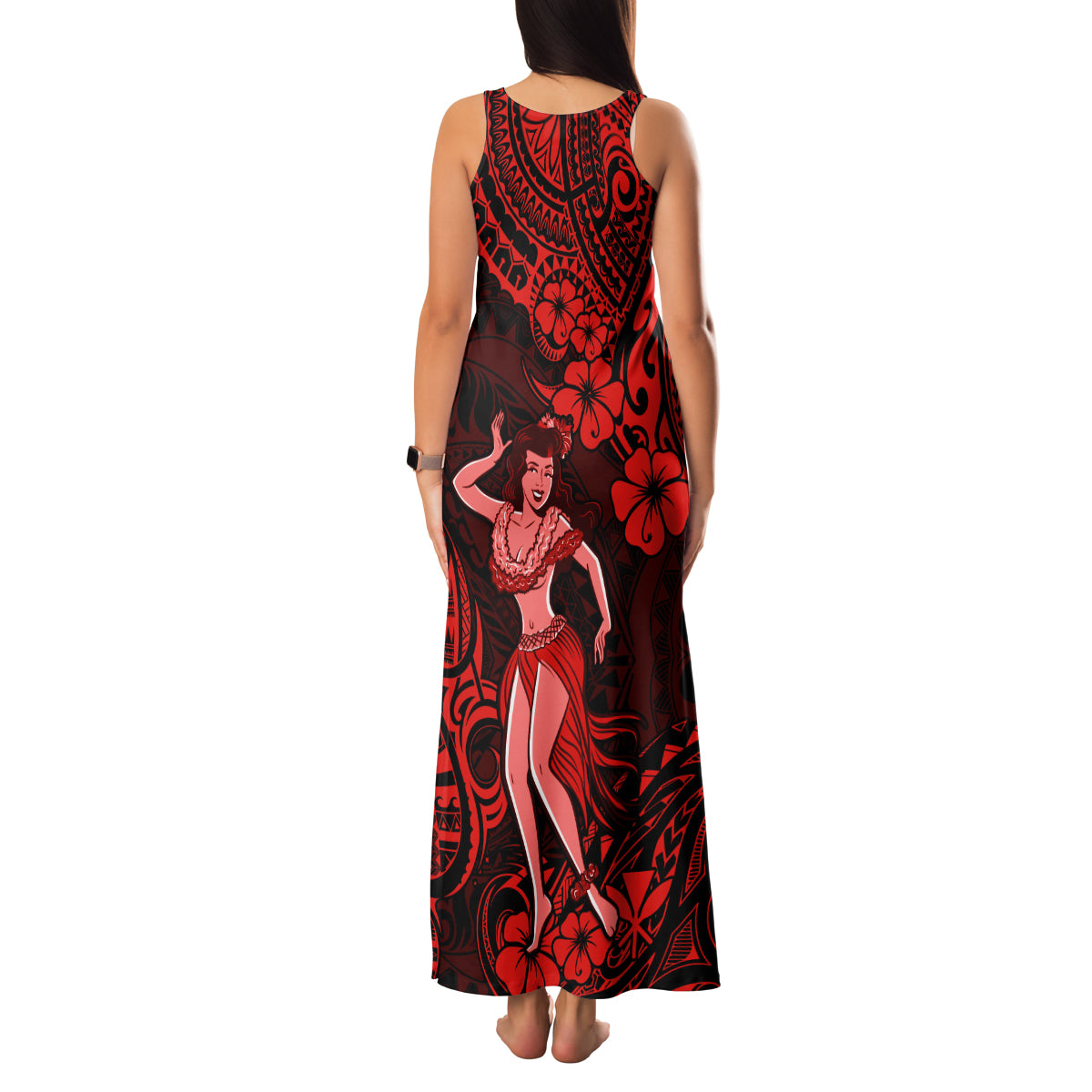 Hawaii Hula Girl Family Matching Tank Maxi Dress and Hawaiian Shirt Hibiscus Hawaii Tribal Tattoo Red Version - Wonder Print Shop