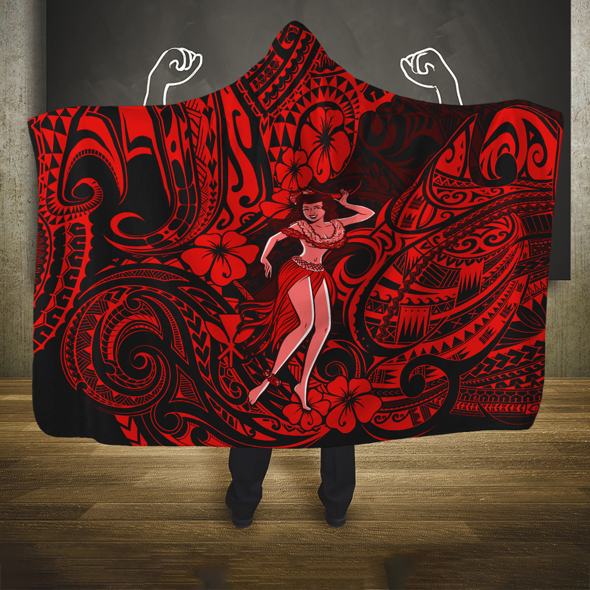 hawaii-hula-girl-hooded-blanket-hibiscus-hawaii-tribal-tattoo-red-version