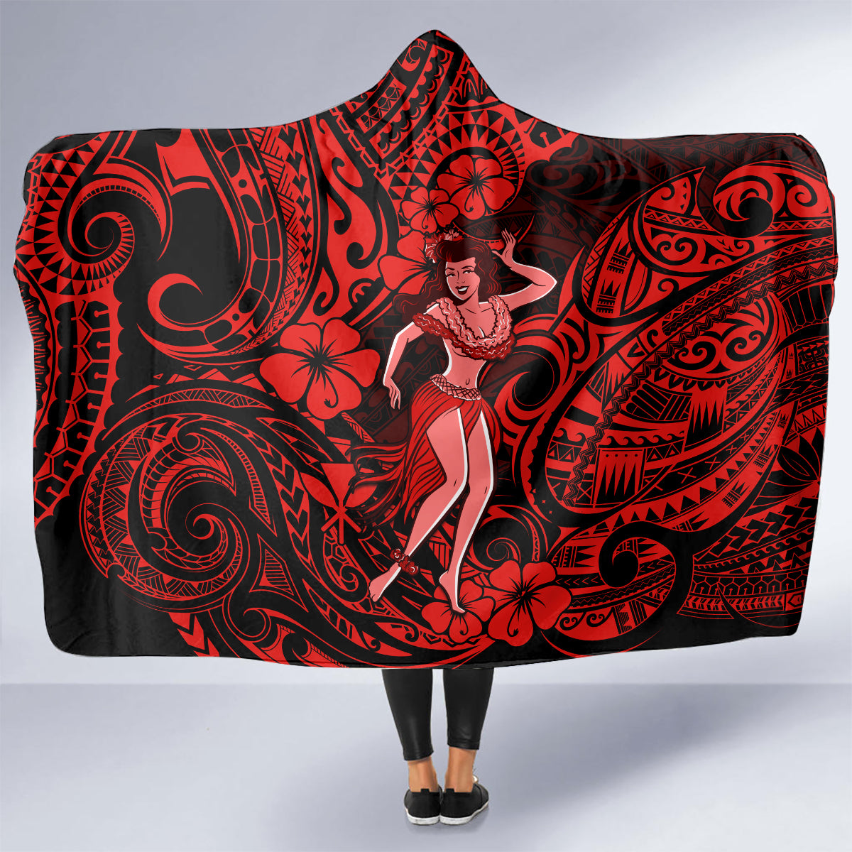 hawaii-hula-girl-hooded-blanket-hibiscus-hawaii-tribal-tattoo-red-version