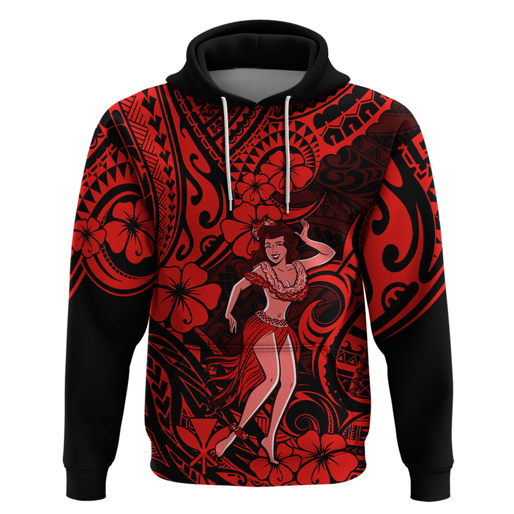Hawaii Hula Girl Hoodie Hibiscus Hawaii Tribal Tattoo Red Version - Wonder Print Shop