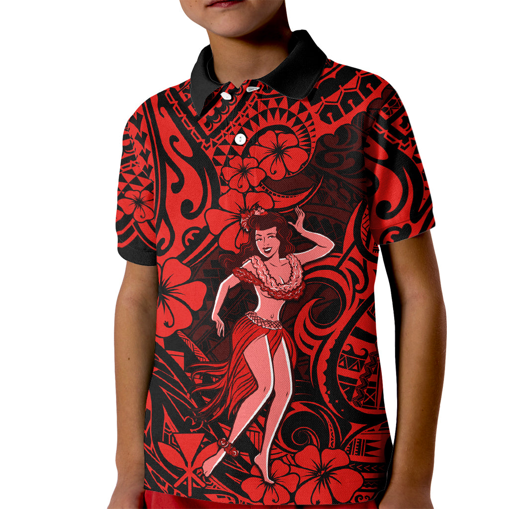 Hawaii Hula Girl Kid Polo Shirt Hibiscus Hawaii Tribal Tattoo Red Version - Wonder Print Shop