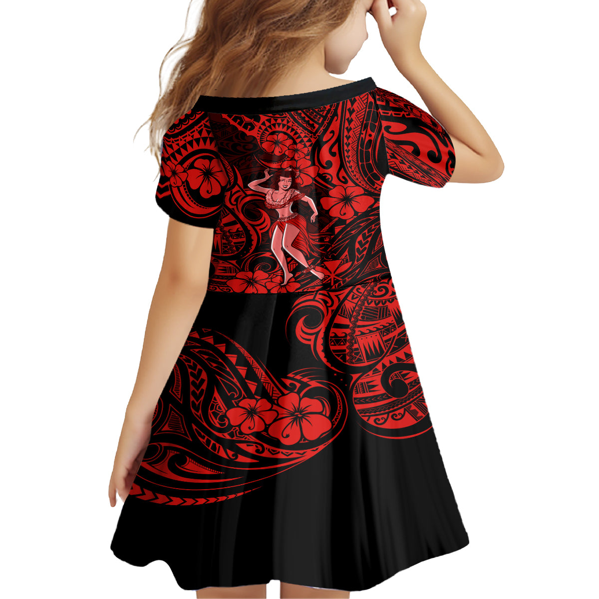 Hawaii Hula Girl Kid Short Sleeve Dress Hibiscus Hawaii Tribal Tattoo Red Version - Wonder Print Shop