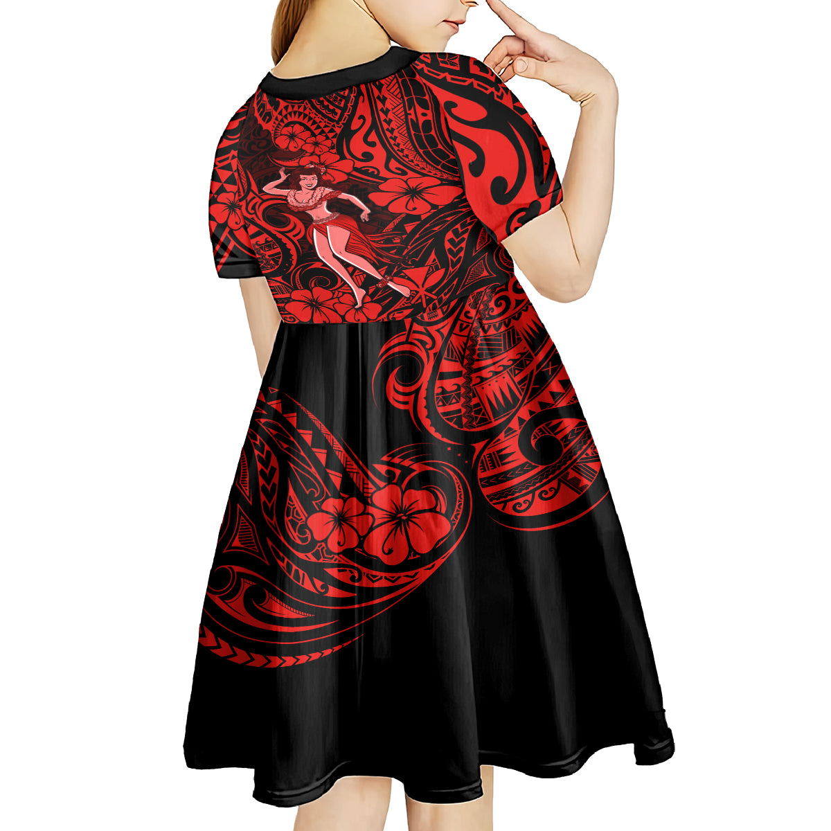 Hawaii Hula Girl Kid Short Sleeve Dress Hibiscus Hawaii Tribal Tattoo Red Version - Wonder Print Shop