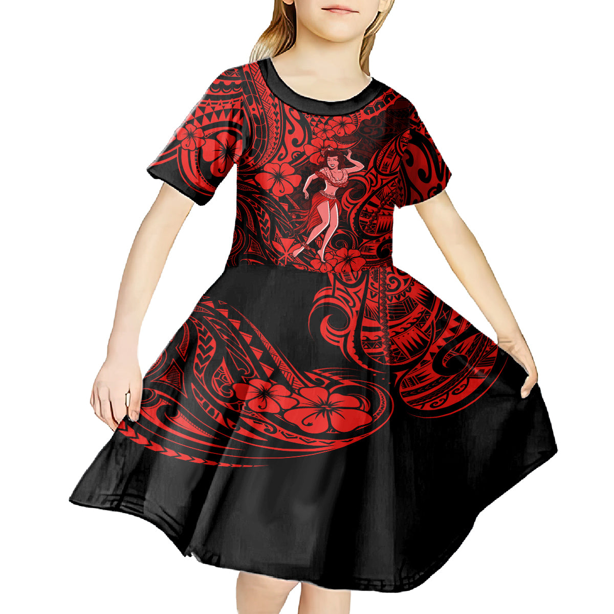 Hawaii Hula Girl Kid Short Sleeve Dress Hibiscus Hawaii Tribal Tattoo Red Version - Wonder Print Shop