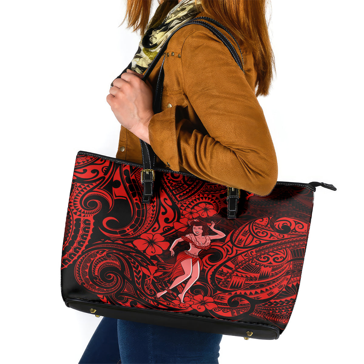 Hawaii Hula Girl Leather Tote Bag Hibiscus Hawaii Tribal Tattoo Red Version - Wonder Print Shop