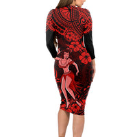 Hawaii Hula Girl Long Sleeve Bodycon Dress Hibiscus Hawaii Tribal Tattoo Red Version - Wonder Print Shop