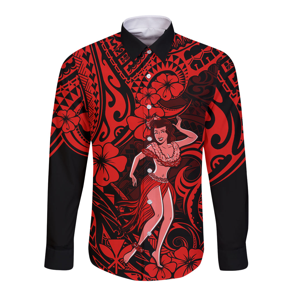 Hawaii Hula Girl Long Sleeve Button Shirt Hibiscus Hawaii Tribal Tattoo Red Version - Wonder Print Shop