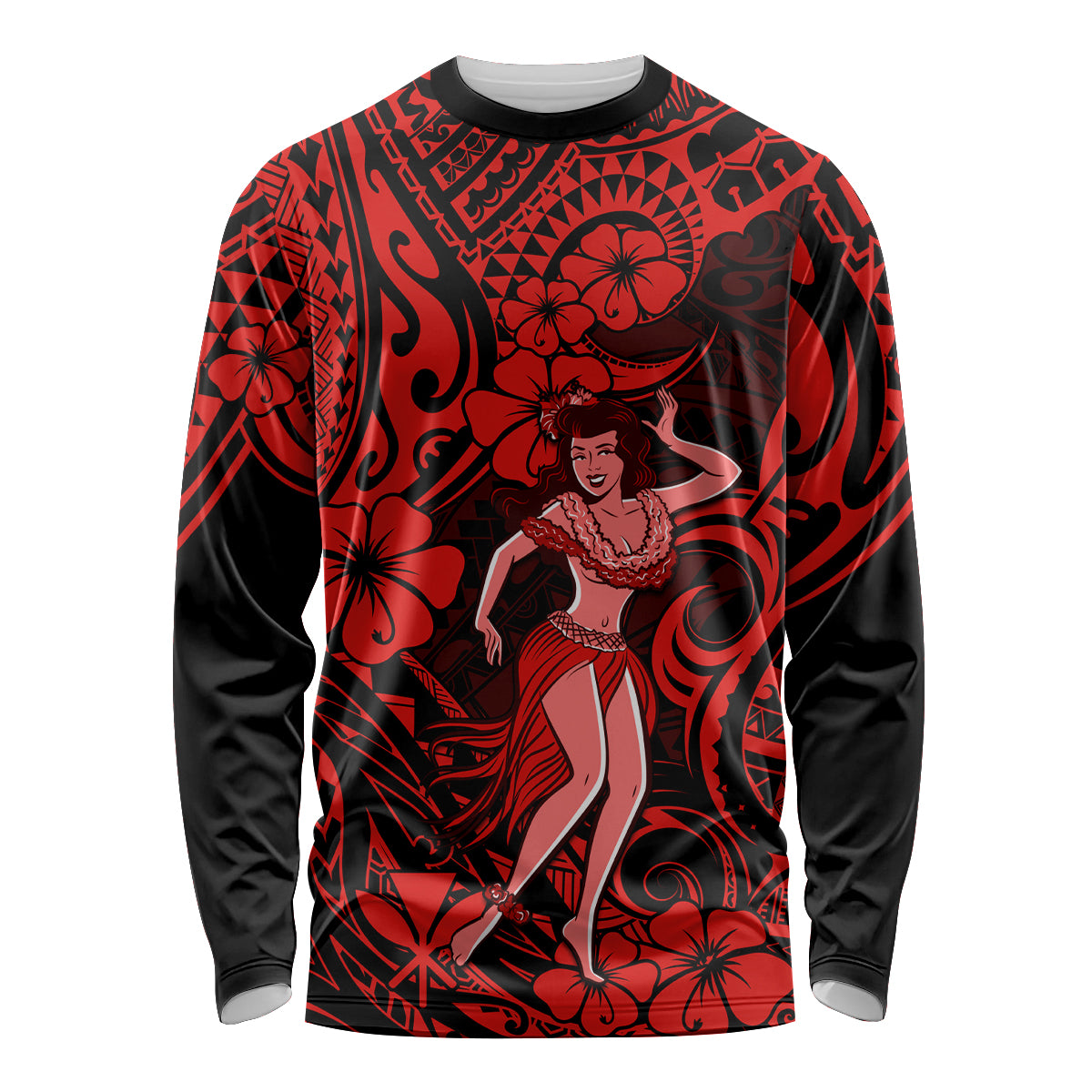 Hawaii Hula Girl Long Sleeve Shirt Hibiscus Hawaii Tribal Tattoo Red Version - Wonder Print Shop