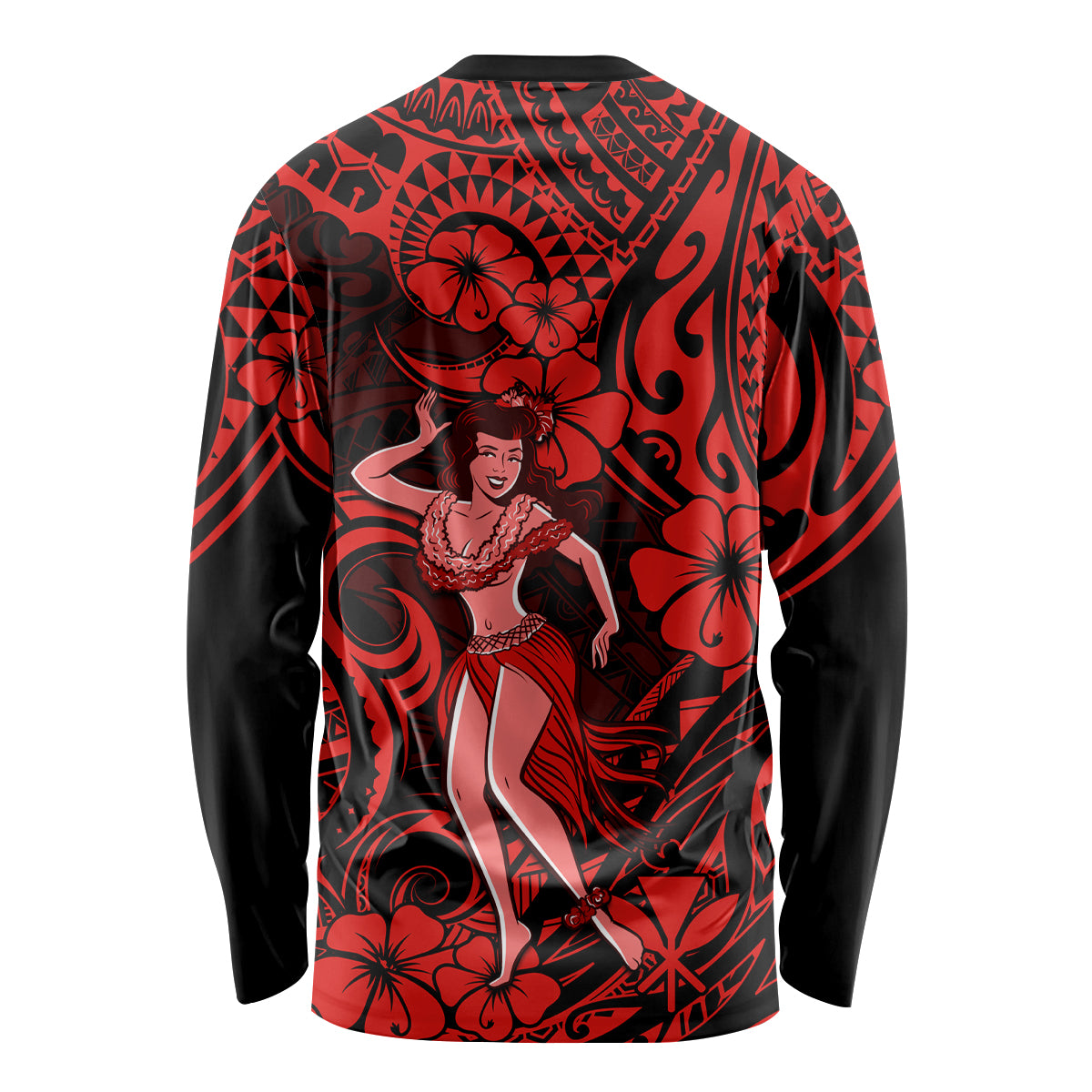 Hawaii Hula Girl Long Sleeve Shirt Hibiscus Hawaii Tribal Tattoo Red Version - Wonder Print Shop