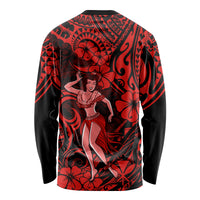 Hawaii Hula Girl Long Sleeve Shirt Hibiscus Hawaii Tribal Tattoo Red Version - Wonder Print Shop
