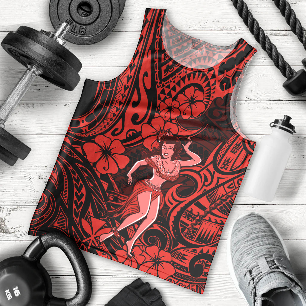 Hawaii Hula Girl Men Tank Top Hibiscus Hawaii Tribal Tattoo Red Version - Wonder Print Shop