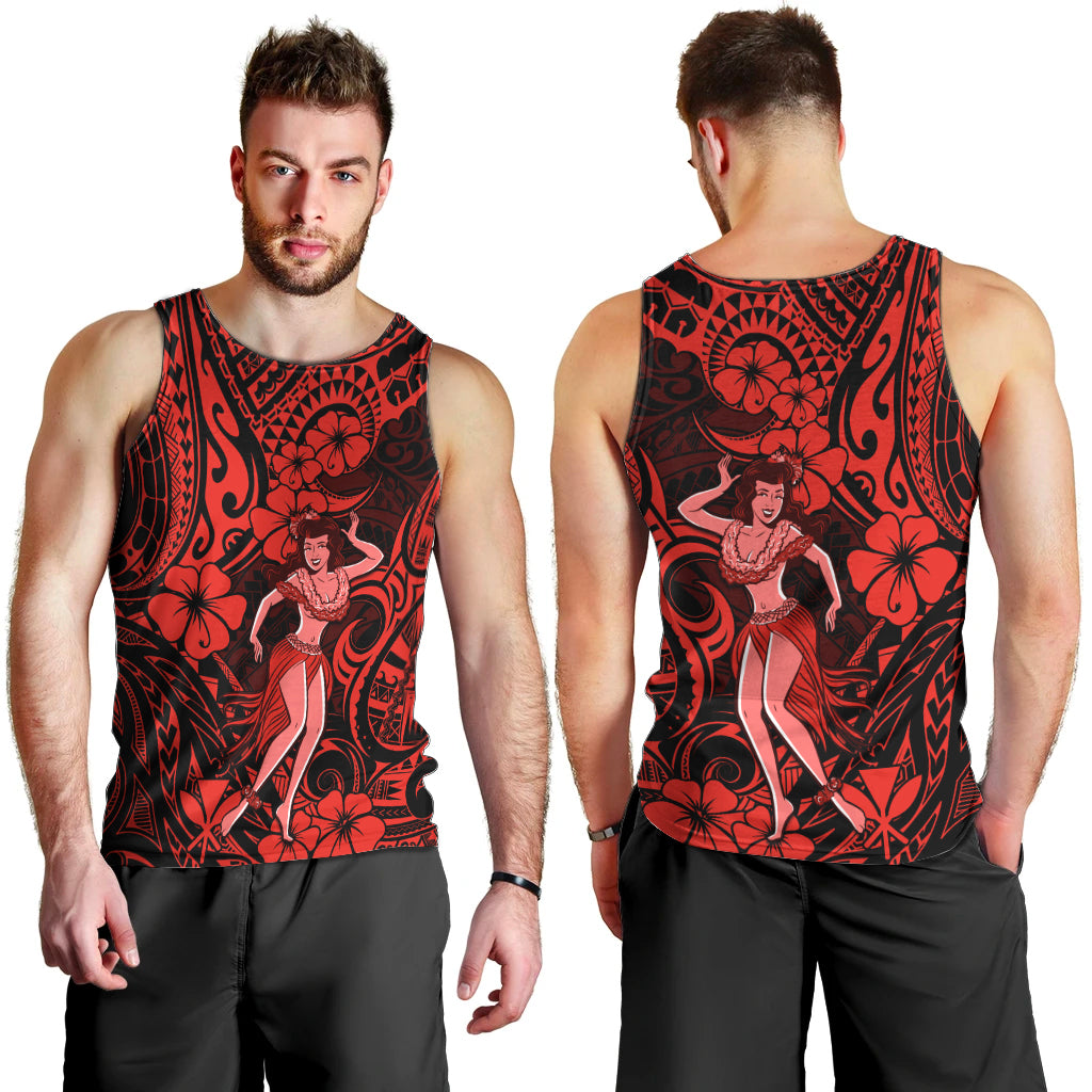 Hawaii Hula Girl Men Tank Top Hibiscus Hawaii Tribal Tattoo Red Version - Wonder Print Shop