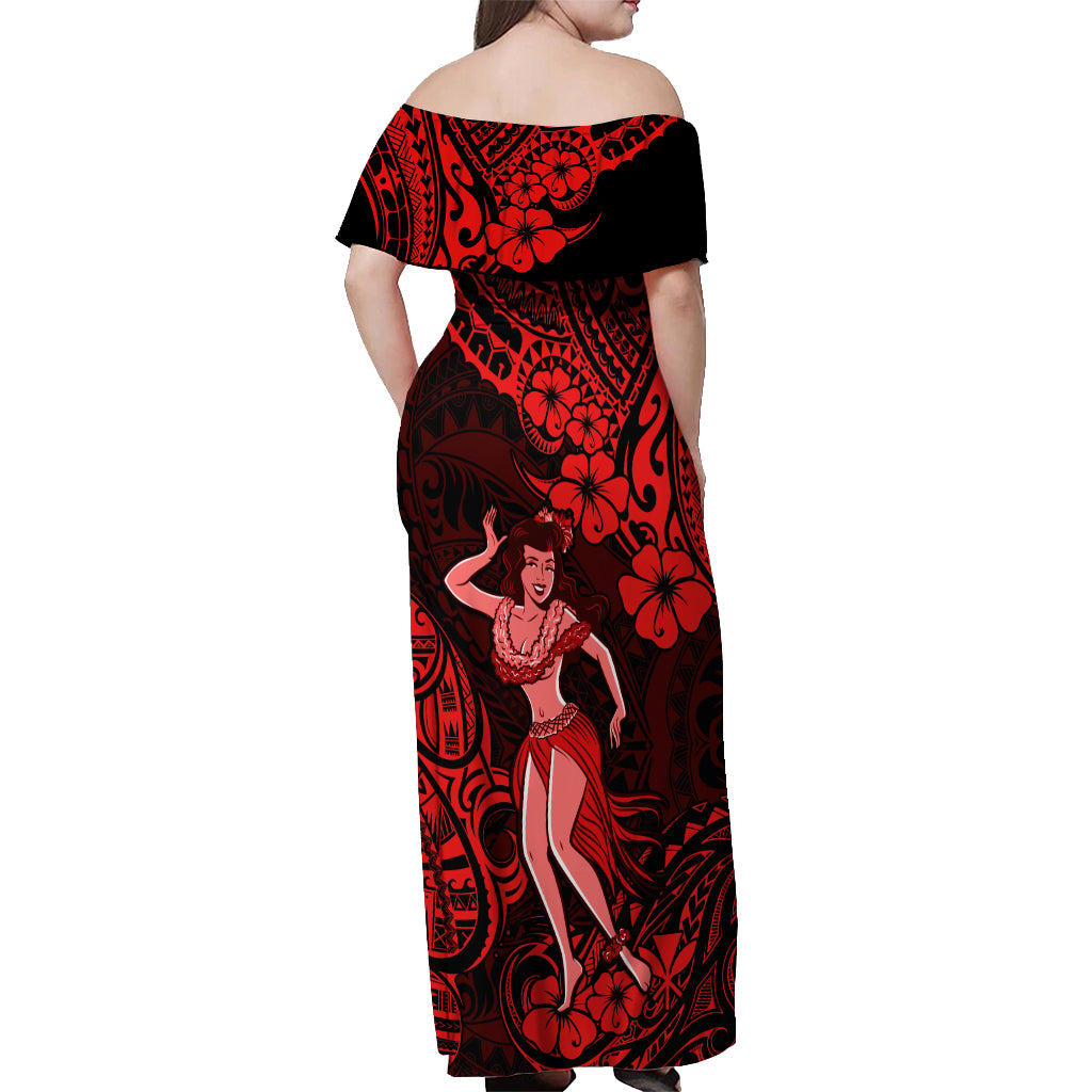 Hawaii Hula Girl Off Shoulder Maxi Dress Hibiscus Hawaii Tribal Tattoo Red Version - Wonder Print Shop