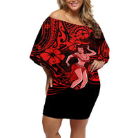 Hawaii Hula Girl Off Shoulder Short Dress Hibiscus Hawaii Tribal Tattoo Red Version - Wonder Print Shop