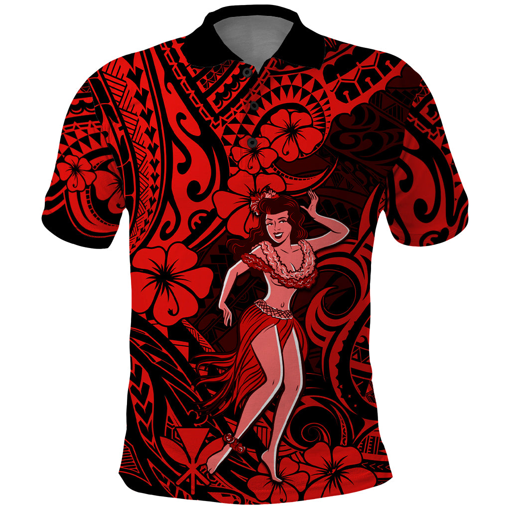 Hawaii Hula Girl Polo Shirt Hibiscus Hawaii Tribal Tattoo Red Version - Wonder Print Shop