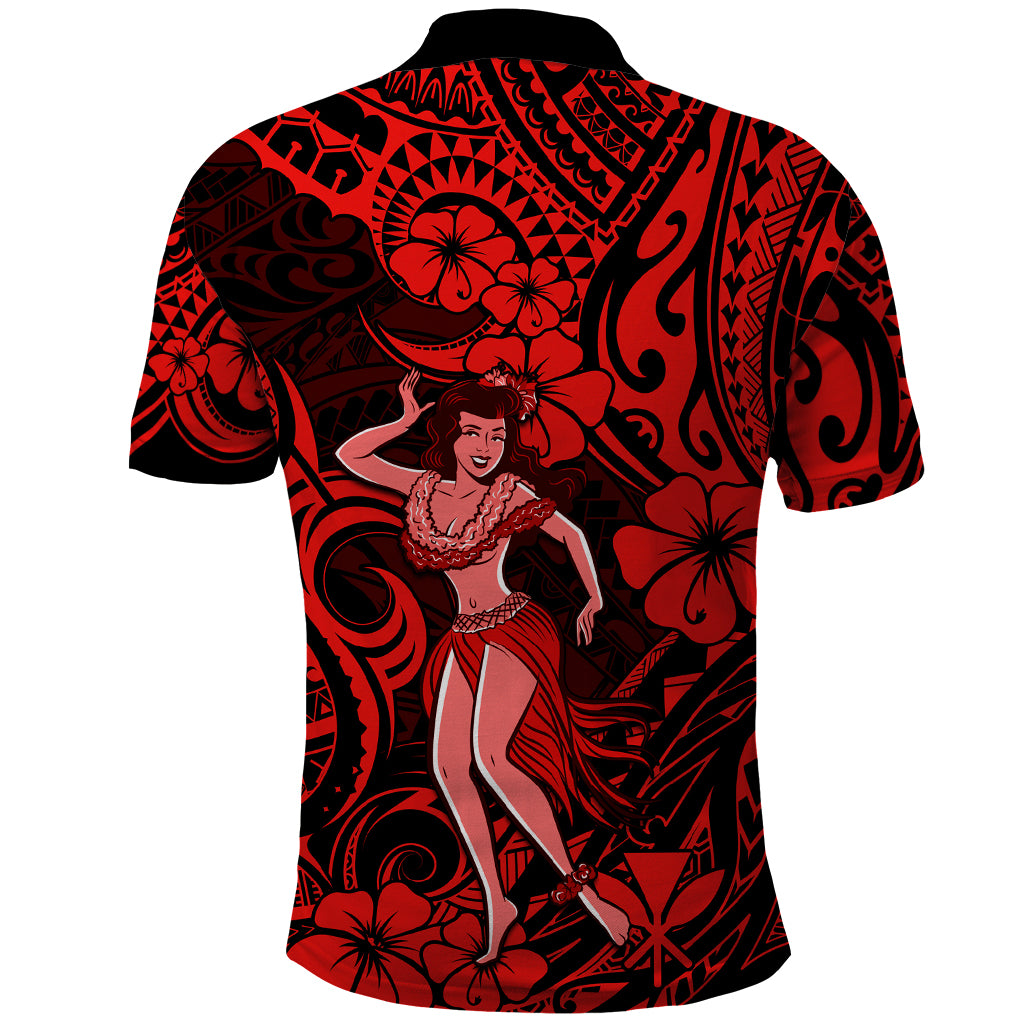 Hawaii Hula Girl Polo Shirt Hibiscus Hawaii Tribal Tattoo Red Version - Wonder Print Shop