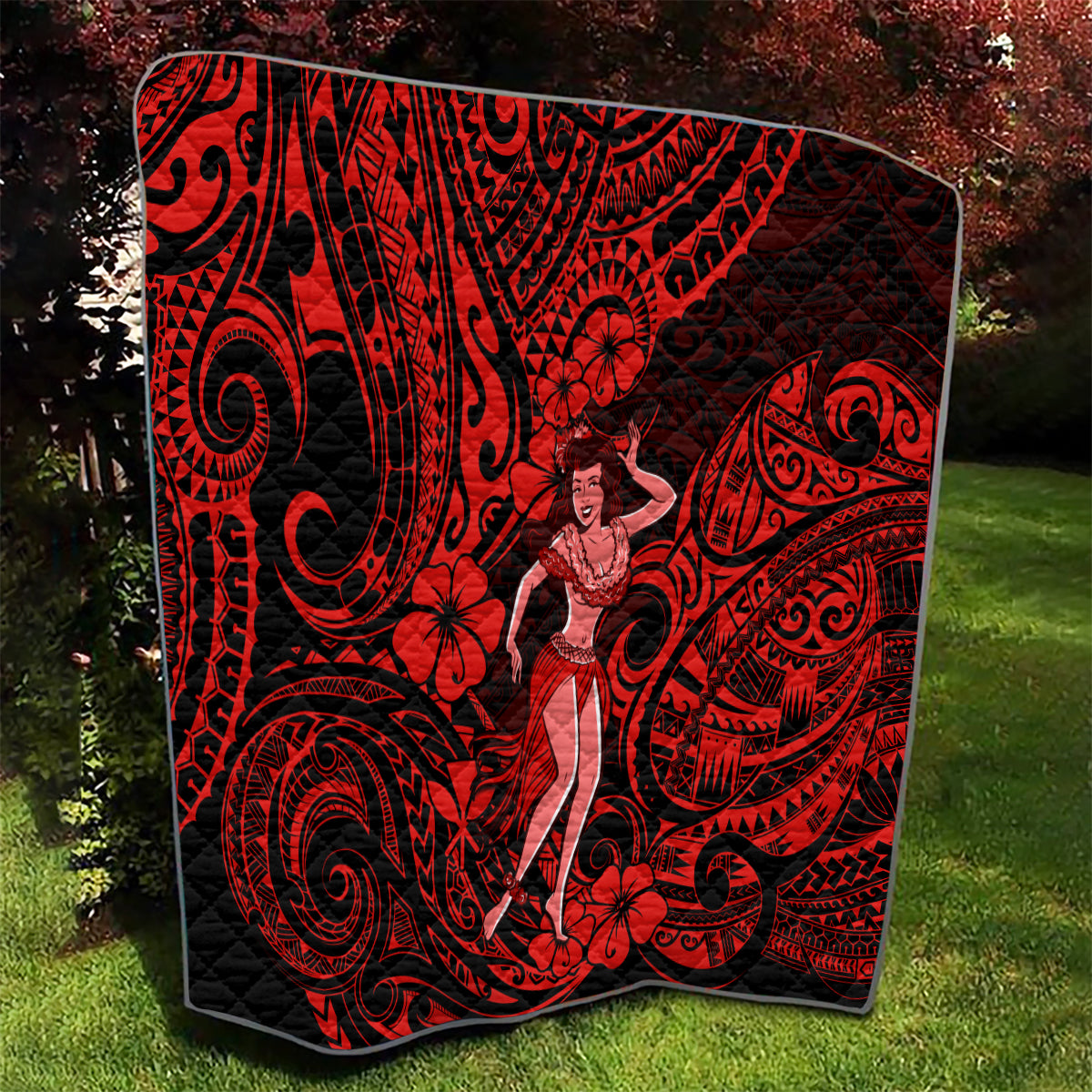 Hawaii Hula Girl Quilt Hibiscus Hawaii Tribal Tattoo Red Version - Wonder Print Shop