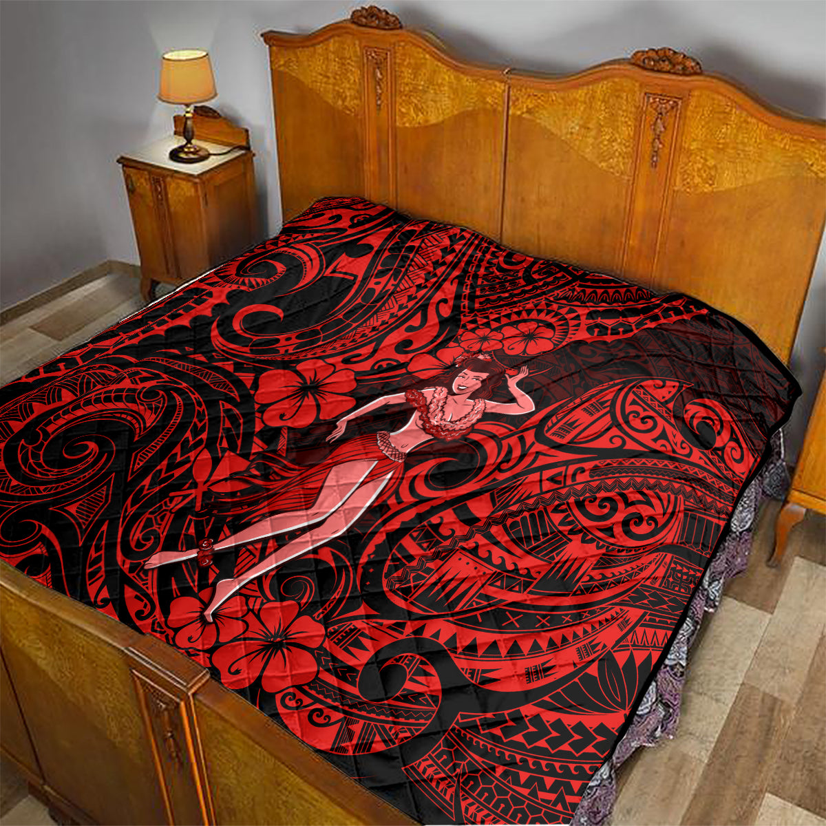 Hawaii Hula Girl Quilt Hibiscus Hawaii Tribal Tattoo Red Version - Wonder Print Shop