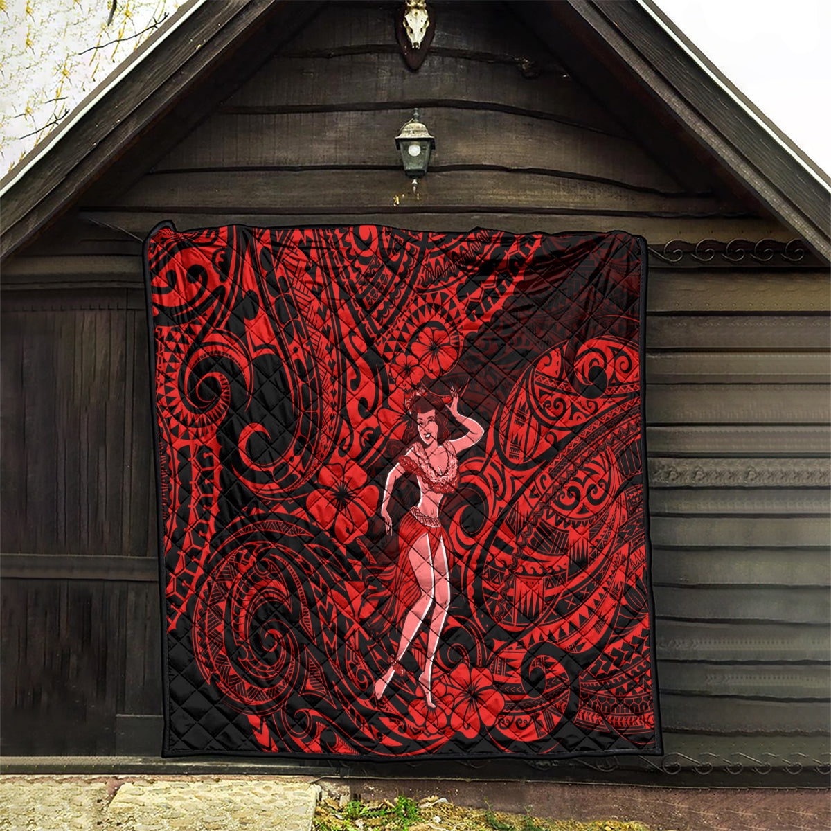 Hawaii Hula Girl Quilt Hibiscus Hawaii Tribal Tattoo Red Version - Wonder Print Shop