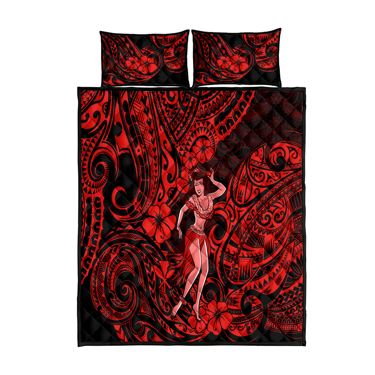 Hawaii Hula Girl Quilt Bed Set Hibiscus Hawaii Tribal Tattoo Red Version - Wonder Print Shop