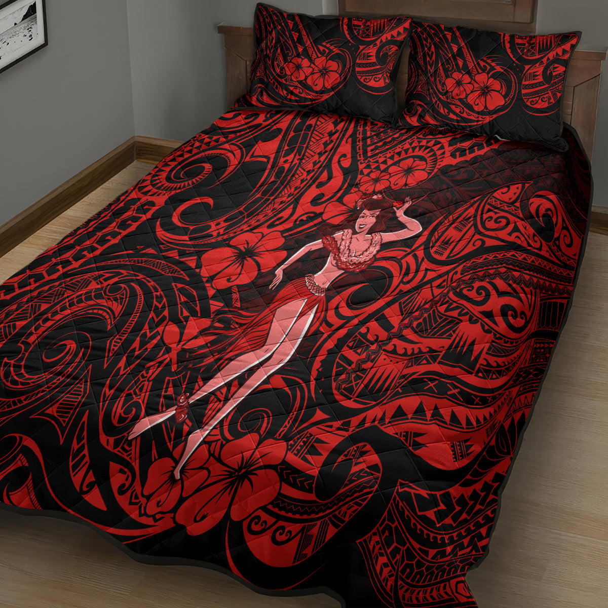 Hawaii Hula Girl Quilt Bed Set Hibiscus Hawaii Tribal Tattoo Red Version - Wonder Print Shop
