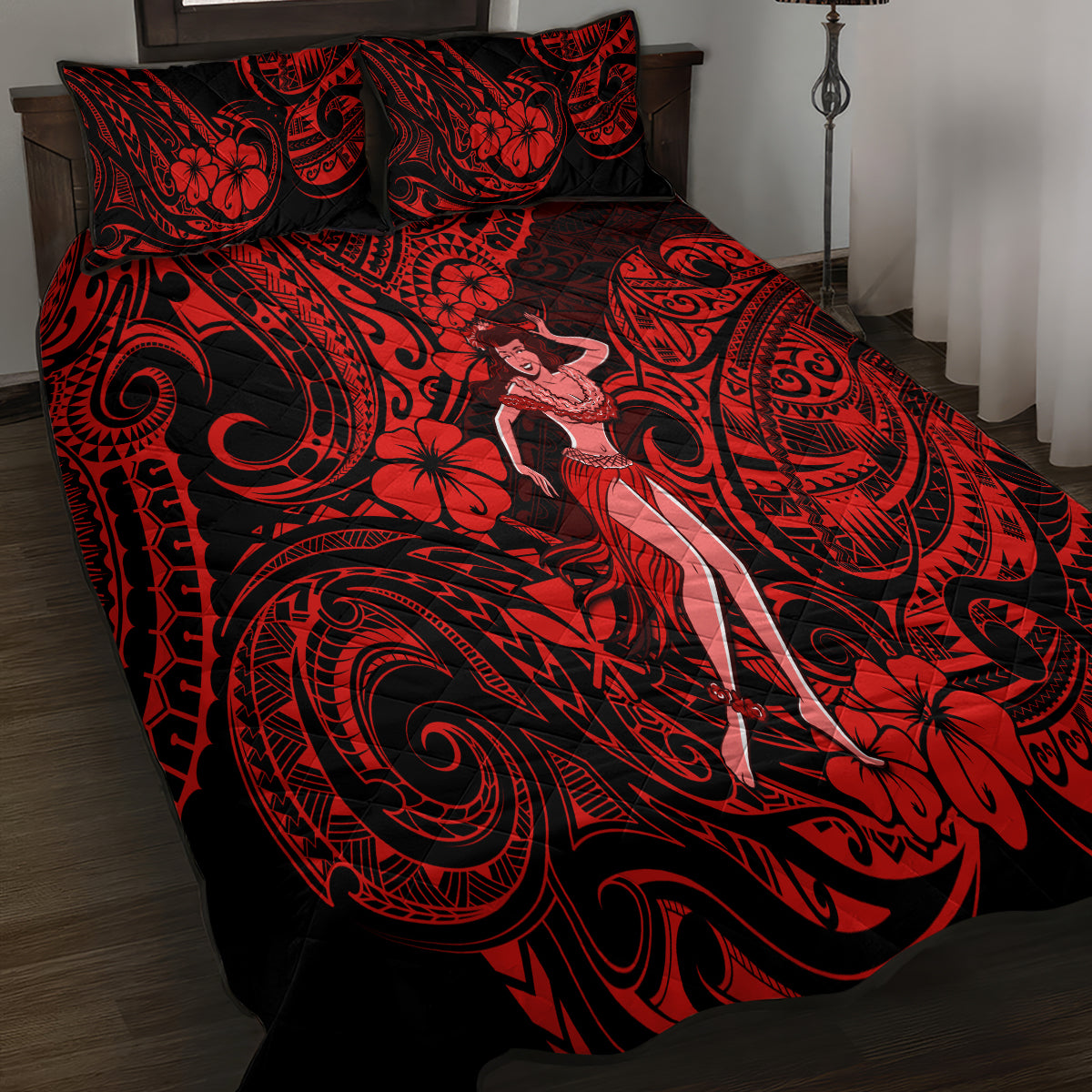 Hawaii Hula Girl Quilt Bed Set Hibiscus Hawaii Tribal Tattoo Red Version - Wonder Print Shop