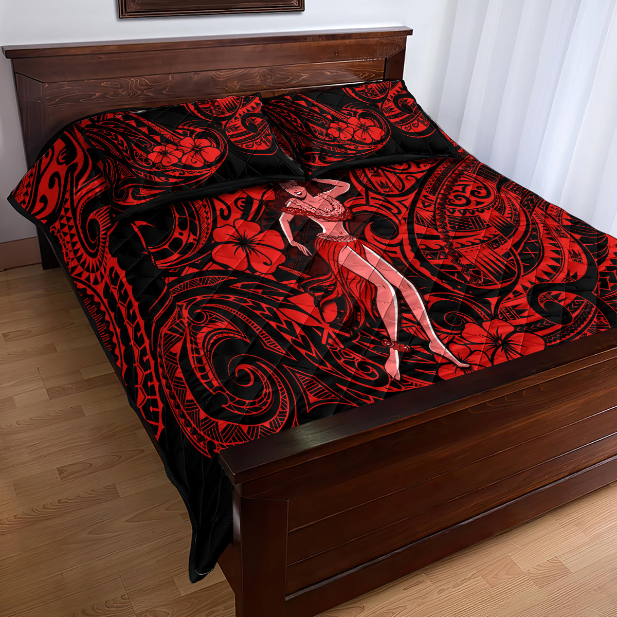 Hawaii Hula Girl Quilt Bed Set Hibiscus Hawaii Tribal Tattoo Red Version - Wonder Print Shop