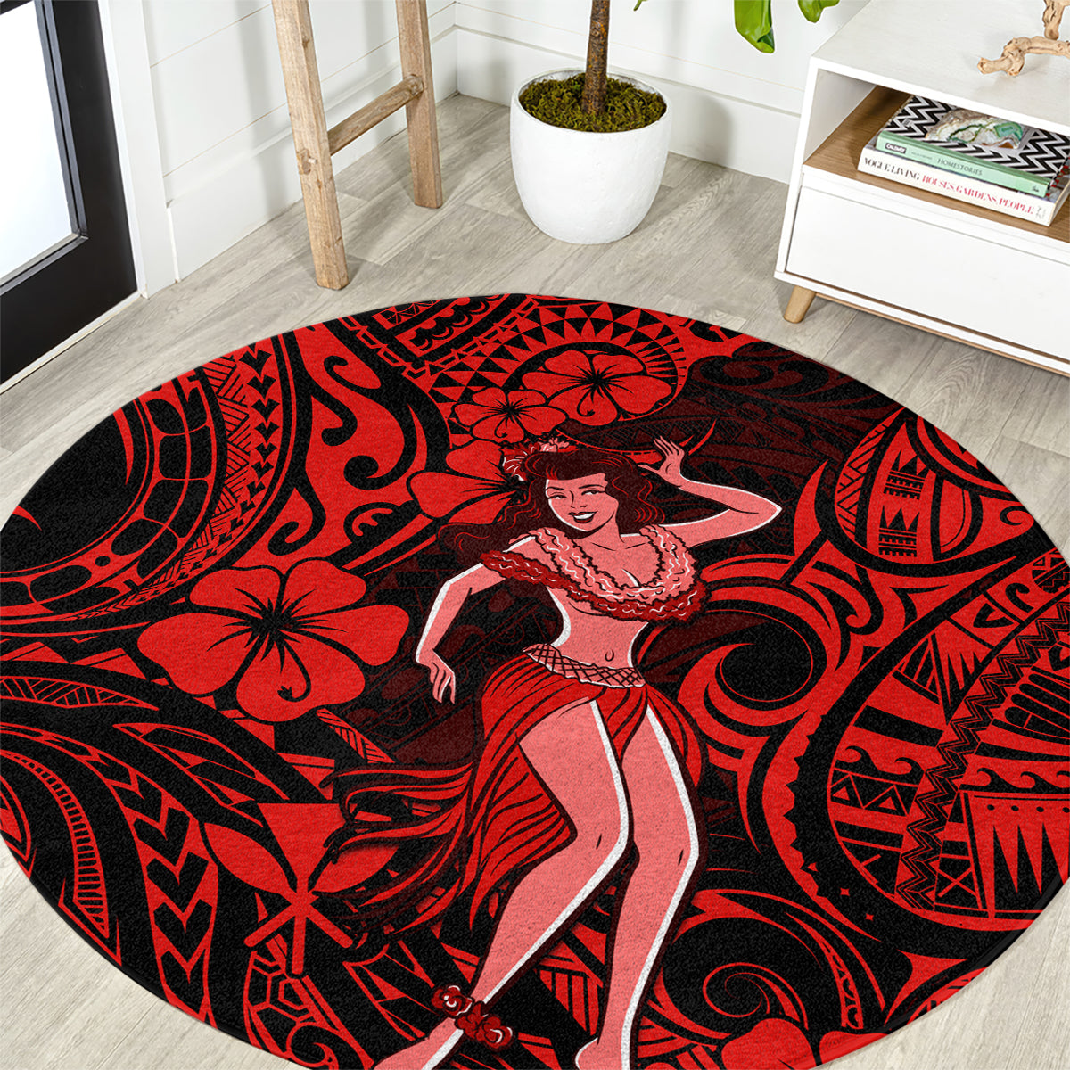 hawaii-hula-girl-round-carpet-hibiscus-hawaii-tribal-tattoo-red-version