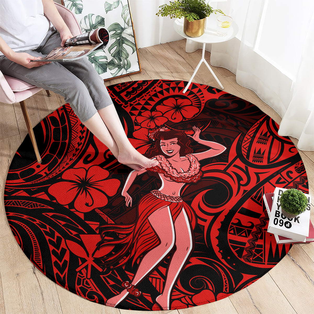 hawaii-hula-girl-round-carpet-hibiscus-hawaii-tribal-tattoo-red-version
