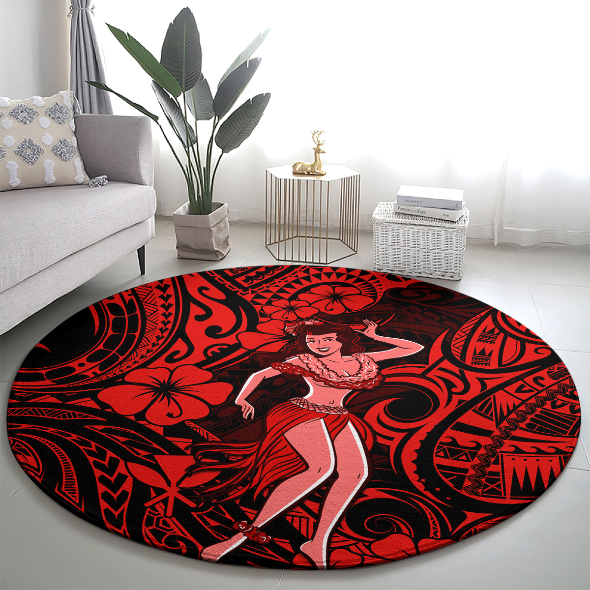 hawaii-hula-girl-round-carpet-hibiscus-hawaii-tribal-tattoo-red-version