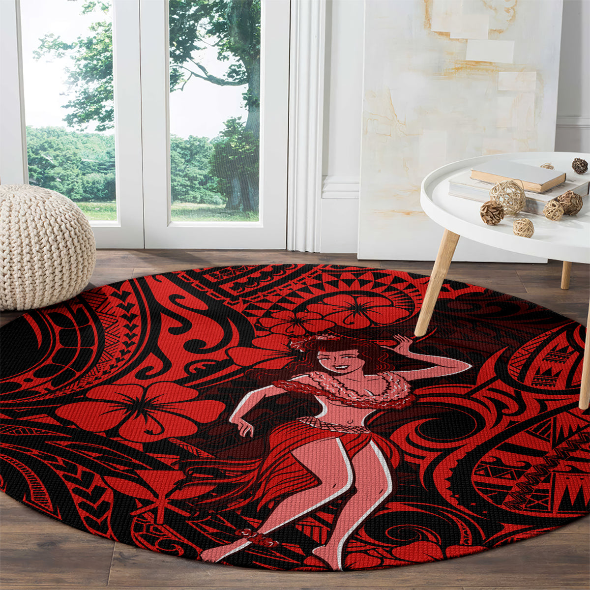 hawaii-hula-girl-round-carpet-hibiscus-hawaii-tribal-tattoo-red-version