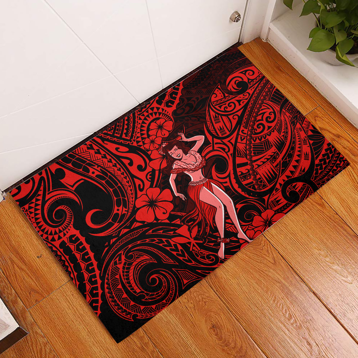 Hawaii Hula Girl Rubber Doormat Hibiscus Hawaii Tribal Tattoo Red Version - Wonder Print Shop