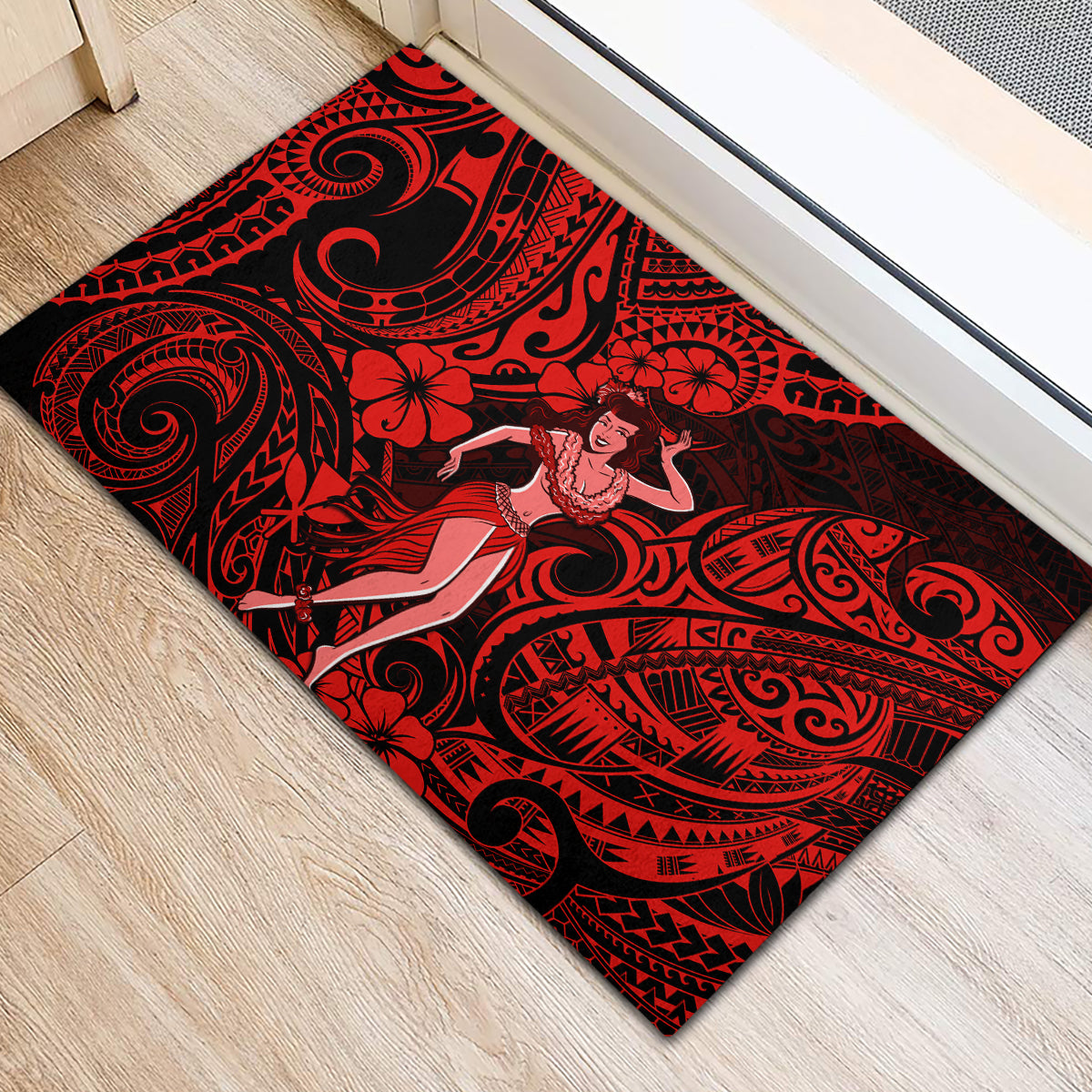 Hawaii Hula Girl Rubber Doormat Hibiscus Hawaii Tribal Tattoo Red Version - Wonder Print Shop