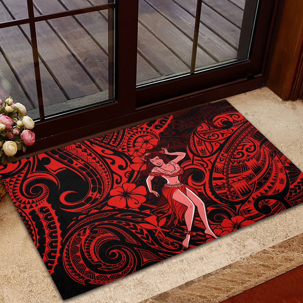 Hawaii Hula Girl Rubber Doormat Hibiscus Hawaii Tribal Tattoo Red Version - Wonder Print Shop