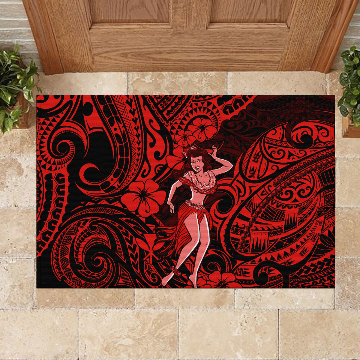Hawaii Hula Girl Rubber Doormat Hibiscus Hawaii Tribal Tattoo Red Version - Wonder Print Shop