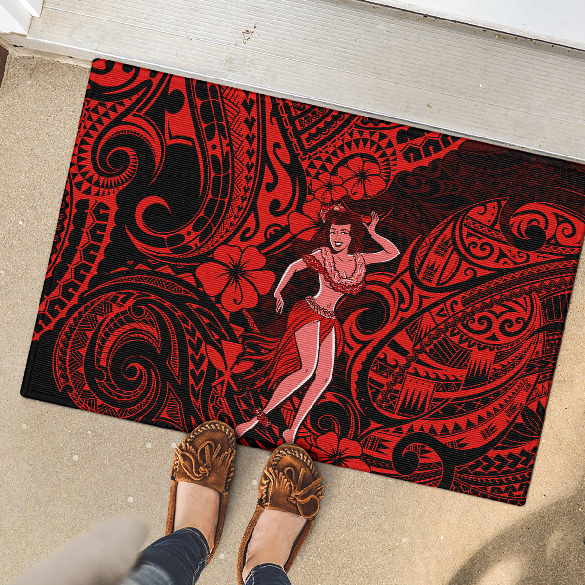 Hawaii Hula Girl Rubber Doormat Hibiscus Hawaii Tribal Tattoo Red Version - Wonder Print Shop