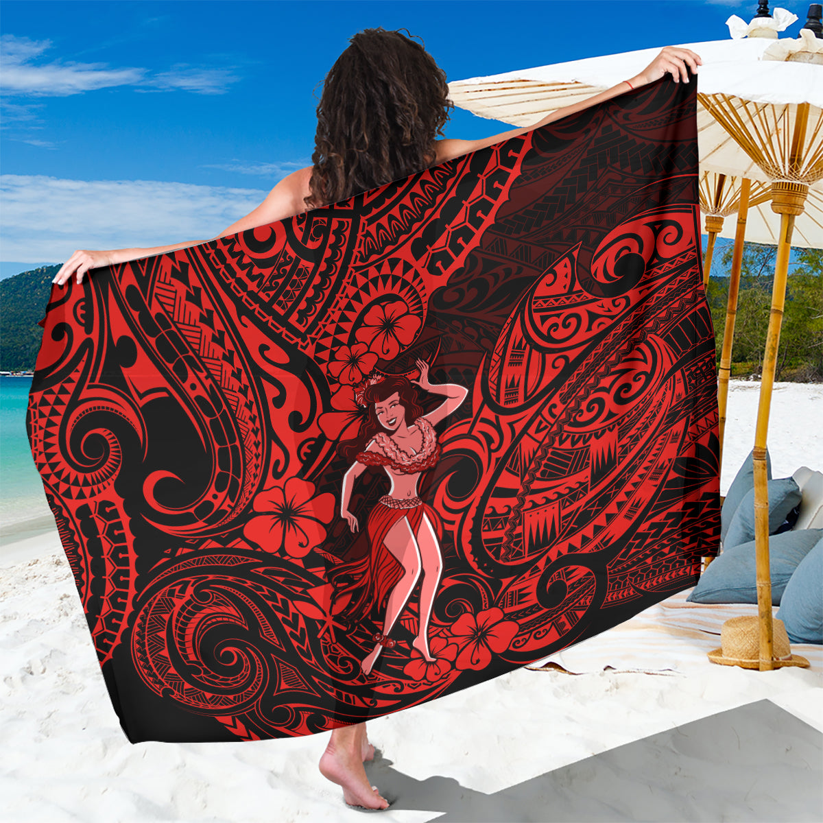 Hawaii Hula Girl Sarong Hibiscus Hawaii Tribal Tattoo Red Version - Wonder Print Shop