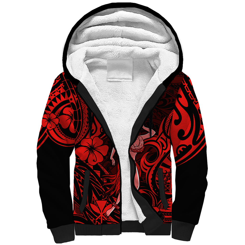Hawaii Hula Girl Sherpa Hoodie Hibiscus Hawaii Tribal Tattoo Red Version - Wonder Print Shop