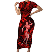 Hawaii Hula Girl Short Sleeve Bodycon Dress Hibiscus Hawaii Tribal Tattoo Red Version - Wonder Print Shop