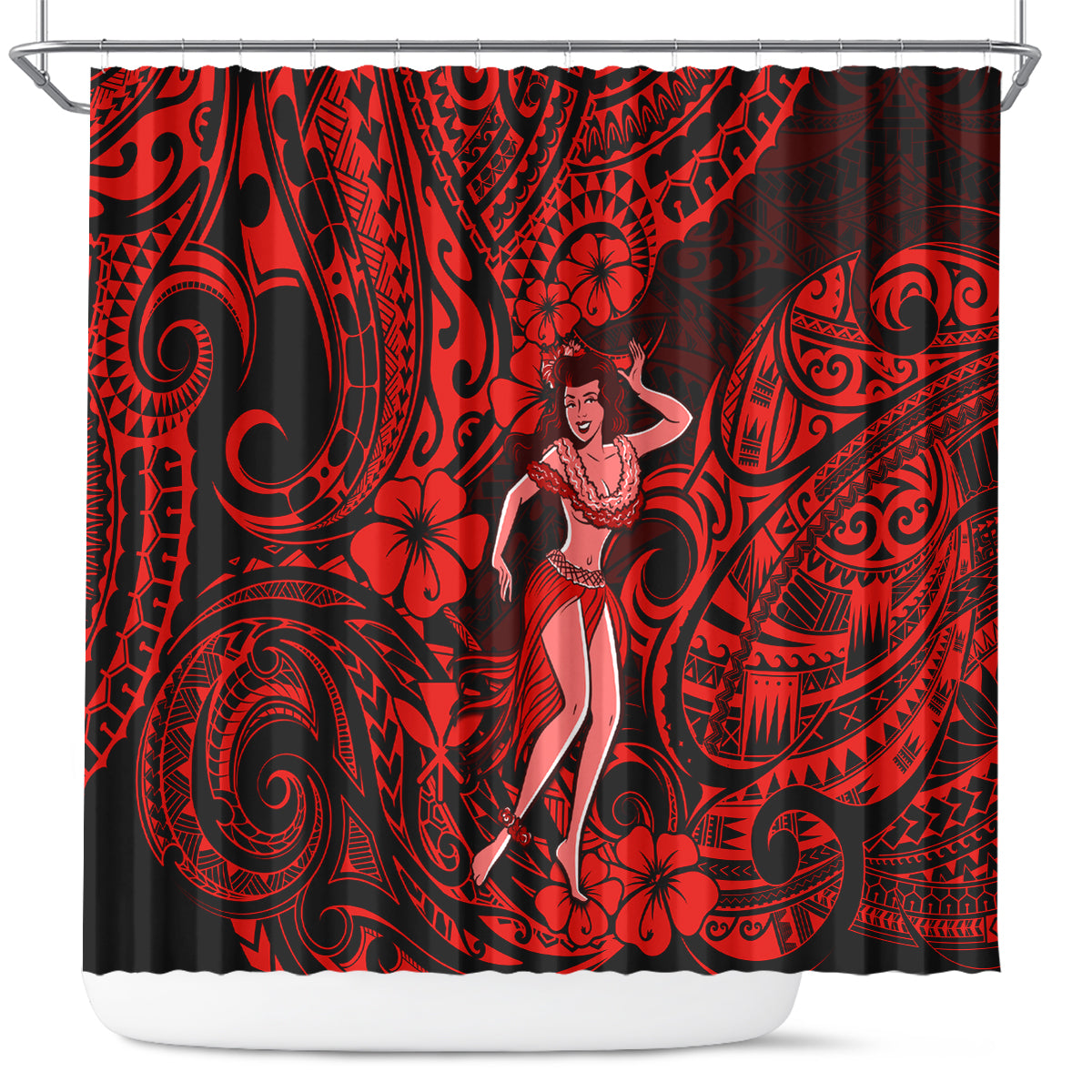 hawaii-hula-girl-shower-curtain-hibiscus-hawaii-tribal-tattoo-red-version